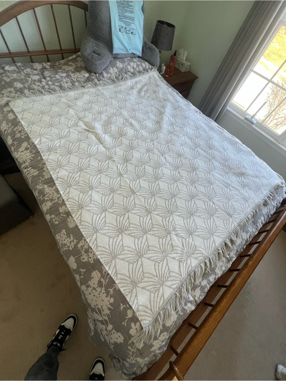 Cozy Cream Floral Fringe Throw Blanket